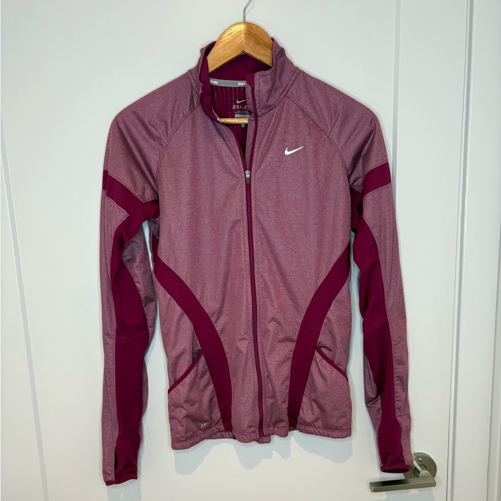 Nike Women's Dri-Fit Running Maroon Red Jacket (with thumb holes) Full Zip Up S